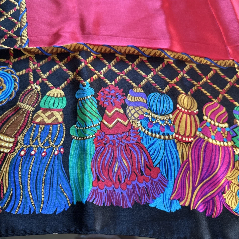 Echo Tassel Print Square Silk Red Purple Colorful Scarf Square (31" x 31") Japan - Image 3 of 4