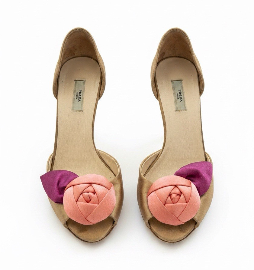 PRADA Gold Pink Purple Satin D'Orsay Stiletto Peep Toe Flower Bow