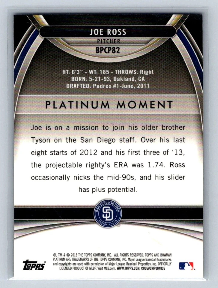 2013 Bowman Platinum Purple Refractor #BPCP82 Joe Ross San Diego Padres - Image 2 of 2