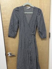 Madewell Gingham Wrap Midi Dress Ruffle Tie V-Neck Puff 3/4 Sleeve Navy S