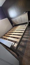 Grey Wooden Double Bed Frame, Panel Headboard, Slatted Base, Varnished