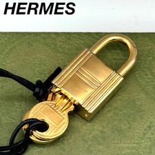 HERMES Cadena Padlock No.107 Gold Lock  2 Keys Bag Charm Pouch Used