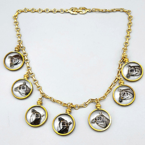 Repurposed Essex Goofus Glass Horse Head Gold Tone Charm Chain Necklace 16"