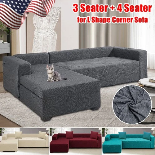 3 Seater + 4 Seater L Shape Corner Sofa Covers Jacquard Fabric Slipcover - Picture 1 of 44
