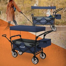 Chariot de transport pliable avec toit/sac bleu-gris pour enfants charge