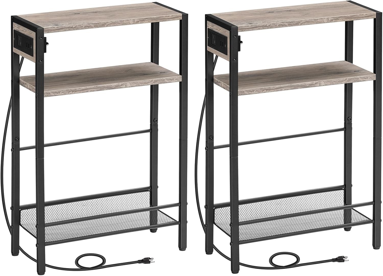 HOOBRO Small Narrow Side Table with Charging Station Set of 2, Greige + Black