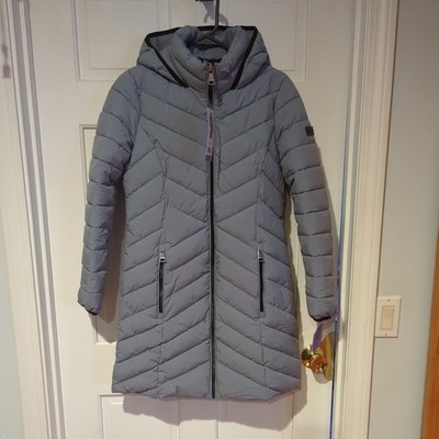 NWT DKNY Womens Hooded Long Puffer Jacket / Coat  Gray XS