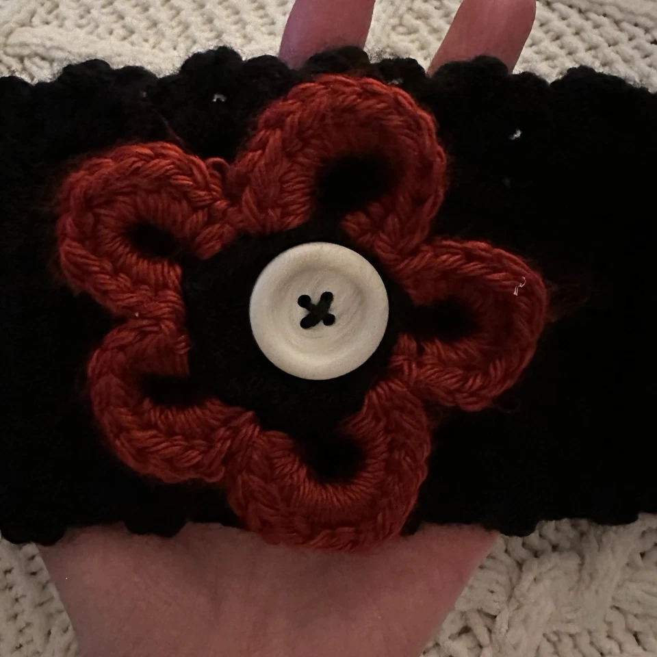 Headband Ear Warmed Handmade Crochet warm Winter Red Flower Black Band - Image 2 of 4