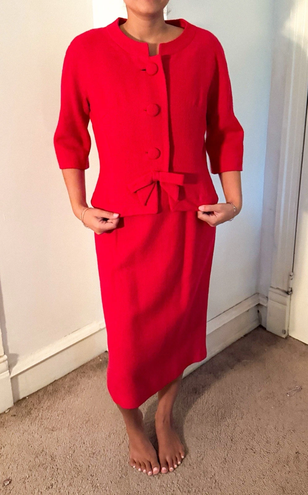 Authentic Vintage 1940's Skirt Jacket Dress Red Wool Size: S