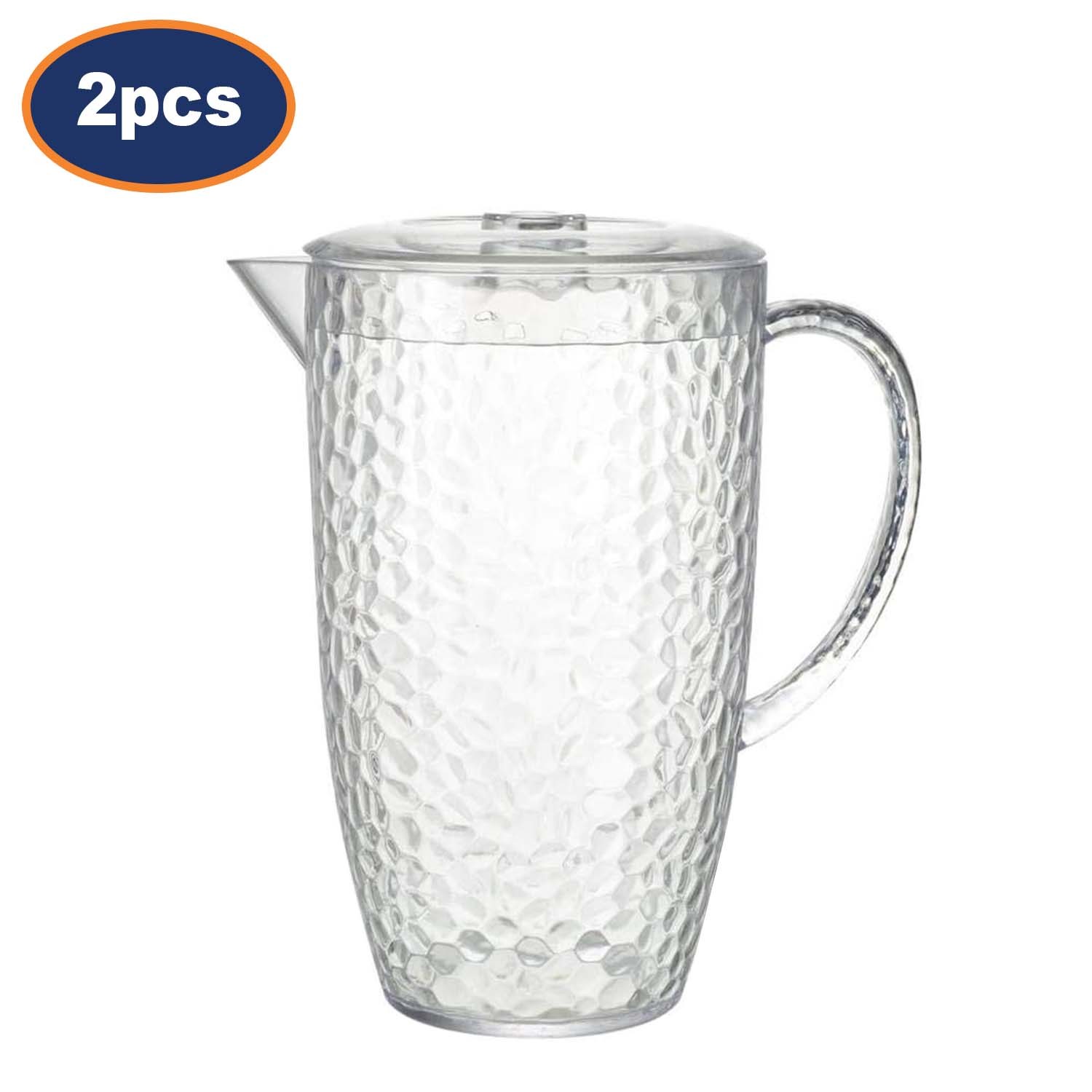 Clear Pitcher Set Reusable Plastic Dimple Design 2L Jug w/ Lid Water Drinks 2pcs