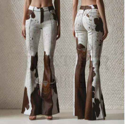 Pantalones de cuero de vaca genuino para mujer pantalones acampanados de campana pelo de pony pantalones de piel Foto 4 de 4