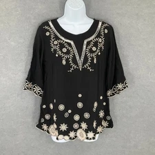 Solitaire Ravi Khosla Top Womens Sz M Black Embroidered Cruise Resort Vacation