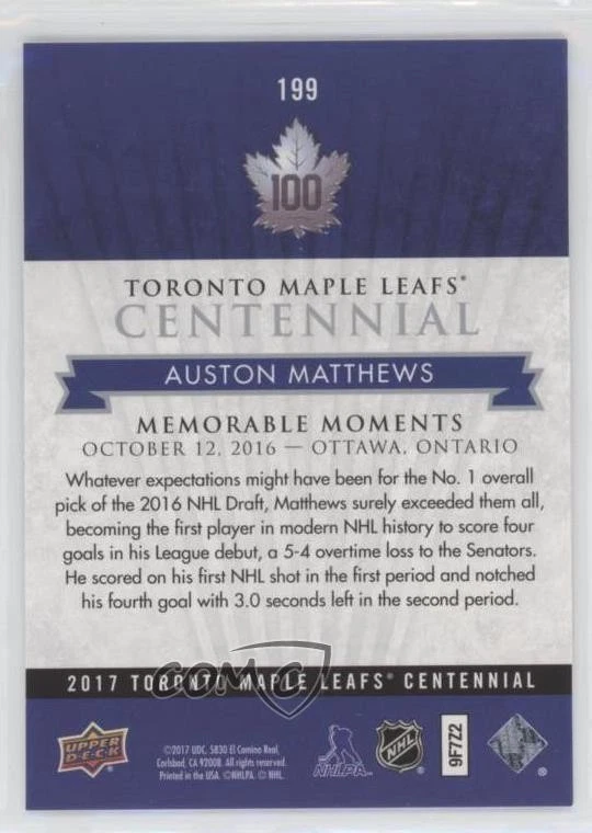 2017 Upper Deck Toronto Maple Leafs Centennial Memorable Moments Auston Matthews - Image 2 of 2