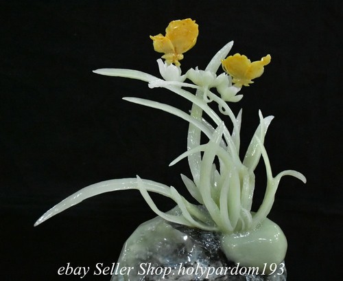 16" Chinese Natural Green Xiu Jade Fengshui Orchid Butterfly Stone Statue - Picture 7 of 12