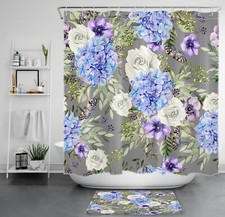 White Rose Blue Hydrangea Flower on Grey Shower Curtain Set for Bathroom Decor