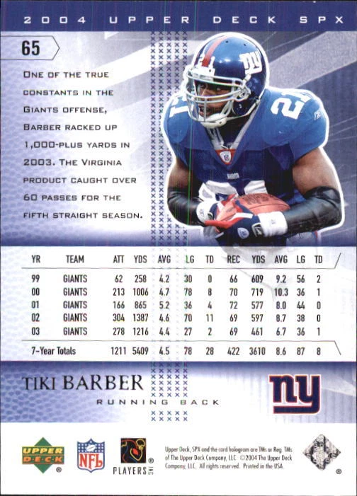 B3285- 2004 SPx #65 Tiki Barber - NM-MT - Image 2 of 2