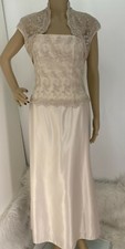 SCOTT MCCLINTOCK BEIGE STRAPLESS FORMAL GOWN A LINE OVERLAY DRESS SHRUG SZ:8