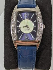 Blue Dial Silver Tone Crystal Accent Rectangle Case Blue Leather Band Watch