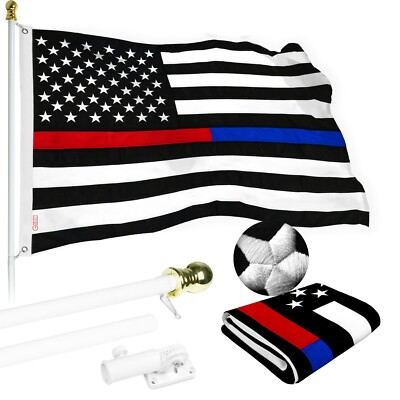 NEW G128 Thin Blue Red Flag & Flagpole, 5FT White Pole and 2x3FT SPUN Flag
