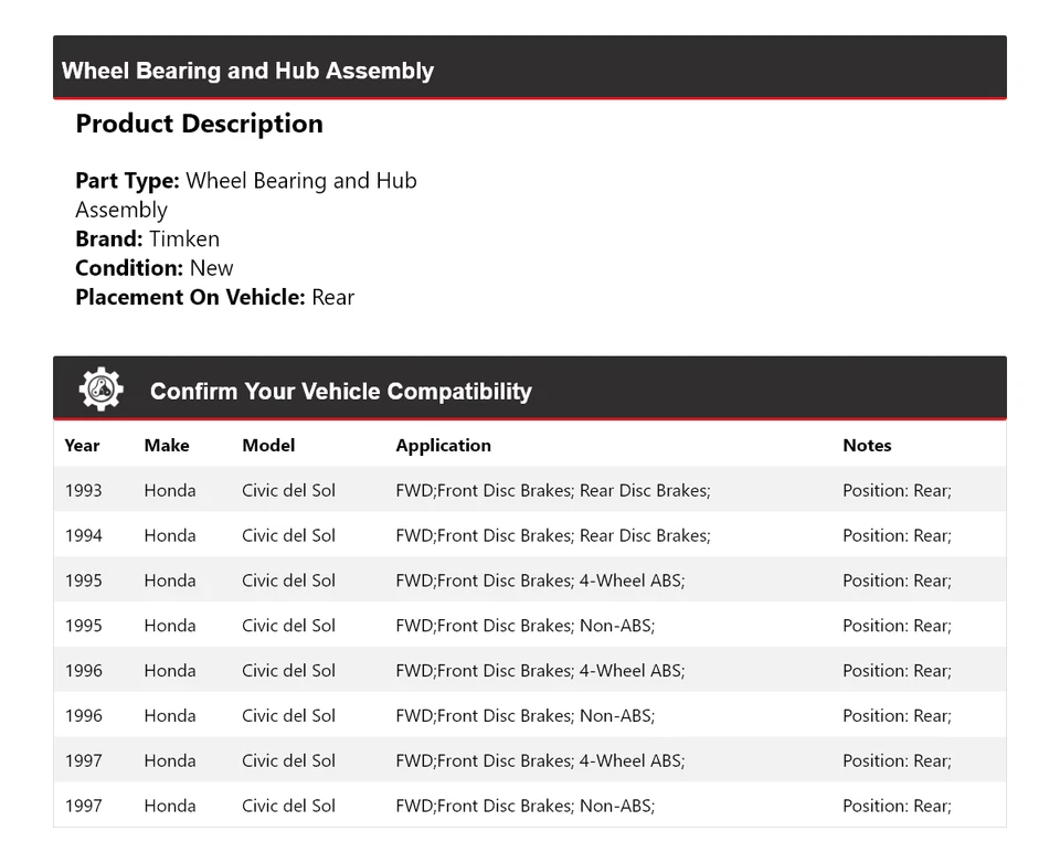 Conjunto de cojinete de rueda y buje trasero Timken para Honda Civic del Sol 1993-1997 tracción delantera Foto 2 de 4