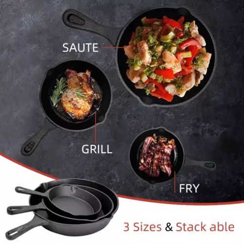 Non Stick Frying Pan 3-Piece Set Cast Iron Steak Skillet Cookware Cook Frypan AU - Picture 4 of 10