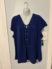 NWT I.N.C. Sapphire Crush (Navy)Top with Shoestring Tied V-Neckline Plus Size 3X