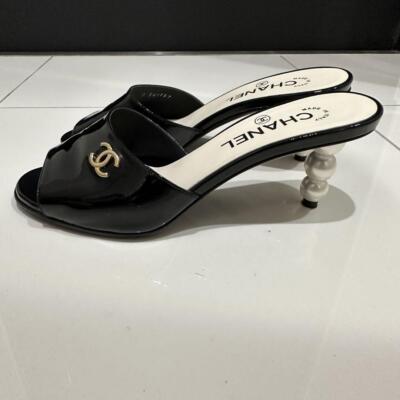 CHANEL Mule Sandals Pearl Heel CC Logo EU 37 Black Used | eBay