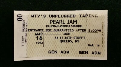PEARL JAM MTV UNPLUGGED Concert Ticket Stub 3/16/1992 Vinyl Sticker/Decal 2x4”