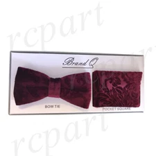 New in box Brand Q formal Men's Pre-tied Velvet Bow tie & Hankie Burgundy
