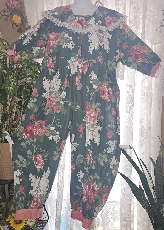 Винтажный 1980-х 90-х комбинезон комбинезон зеленый цветочный кружева коттедж Core ручной работы - Изображение 3 из 4