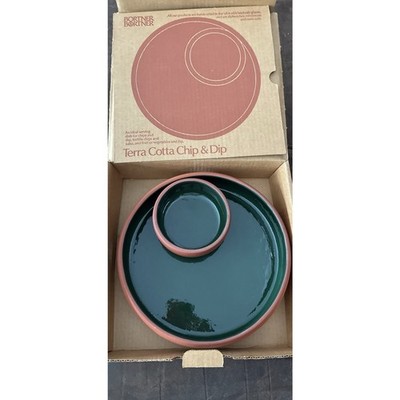 Bortner & Bortner Terra Cotta Unglazed Outside Green Glazed Chip Dip Bowl One Pc