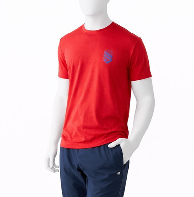 NWT ZELOS Men's Size Large Red Short Sleeve Blue Logo Athletic Active Crew Tee
