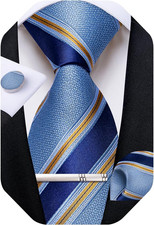 Mens Tie Silk Plaid Striped Necktie and Pocket Square Cufflinks Tie Clip Set wit