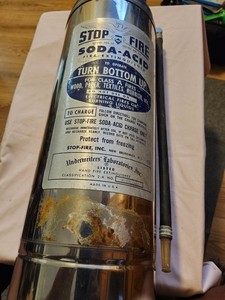 Vintage Made in the USA Stop Fire Stainless Stee Fire Extinguisher with Blue Top
