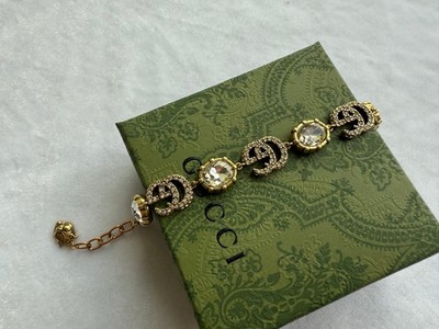 Authentic Gucci Double G Gold Tone Crystal Bracelet Size: 16cm