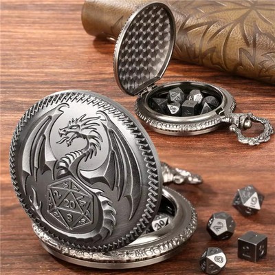 Mini Metal RPG Dice Set Pocket Watch Case Dragon D20 DnD Polyhedral w Chain