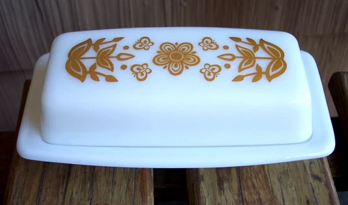 Vintage Pyrex Milk Glass Covered Butter Dish Gold Butterfly Floral