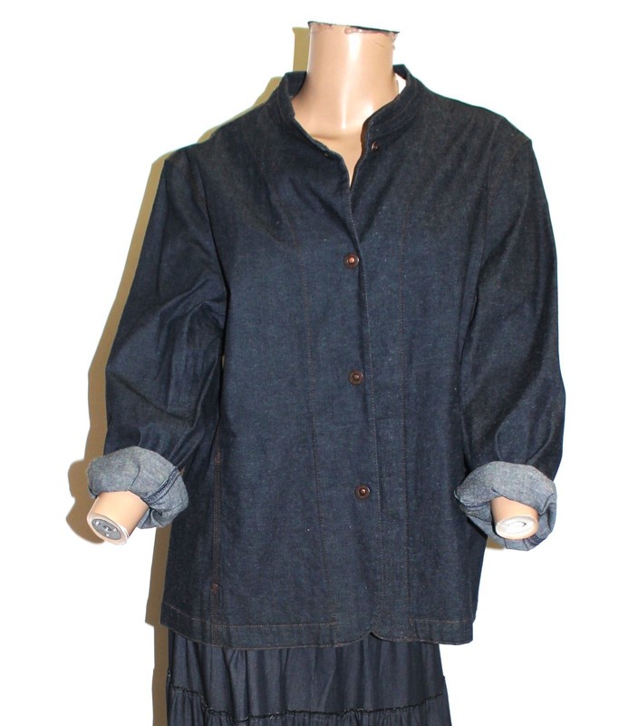 Eileen Fisher Vintage Denim Jack w Mock Collar & Button Front Size XL
