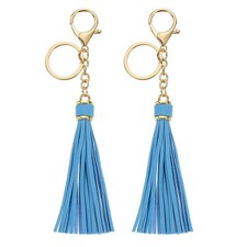 2Pcs Leather Keychain Tassels with Lobster Clasp Key Ring, Lake Blue