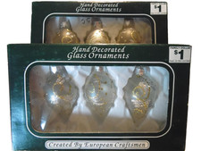 Hand Decorated Glass Christmas Ornaments Set Of 6 Gold Swirl European Style
