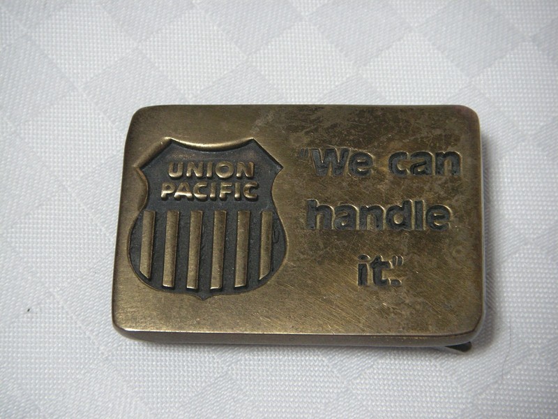 VINTAGE BRASS UNION PACIFIC RAILROAD BELT BUCKLE, WE CAN HANDLE IT