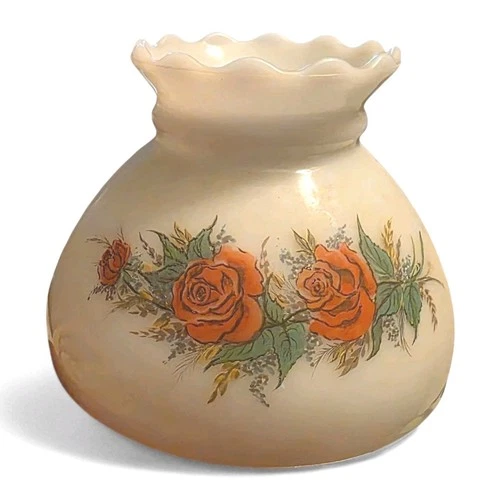 Vtg Milk Glass Lamp Shade GWTW Hurricane Floral Rose Ruffled Top
