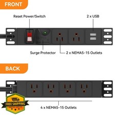 10" Rack PDU 6 Outlets 2 USB-A Surge Protection 15A