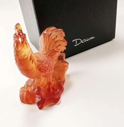 DAUM COQ AMBER TONE PATE DE VERRE GLASS ROOSTER FIGURINE PAPERWEIGHT