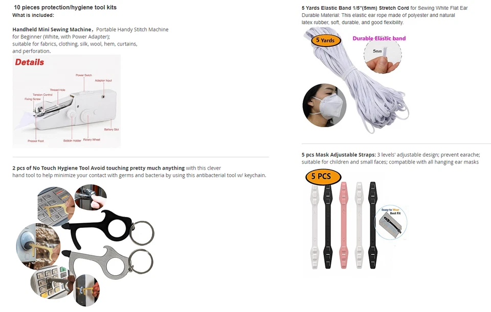 10 pcs mask kit - Sewing Machine, 5 adjustable mask straps, elastic band etc - Image 2 of 4