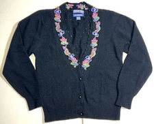 Herman Geist Black Floral Embroidered Eyelet Cardigan VTG Lambswool Sweater M