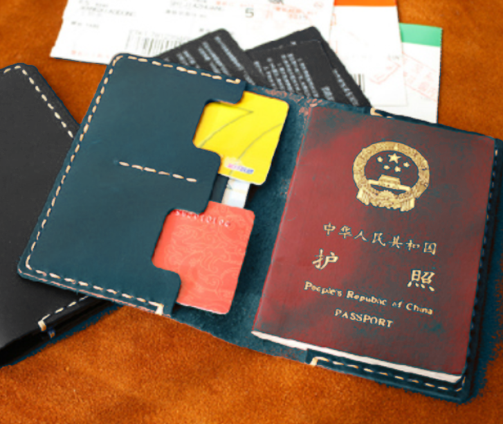 Blue cow leather bifold passport holder wallet with card slots-image