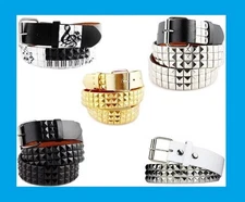 Music Notes & Piano Whites 3-Rows Metal Pyramid Studded Leather Belt Mens Womens