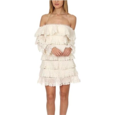 ZIMMERMANN Painted Hearts Love Cotton Silk Blend Off Shoulder Mini Dress Size 1