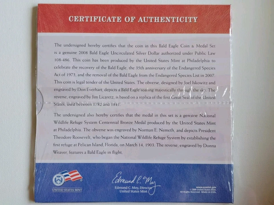 2008 Bald Eagle Coin Medal Set Commemorative Silver Dollar Mint State SEALED - Image 2 of 2